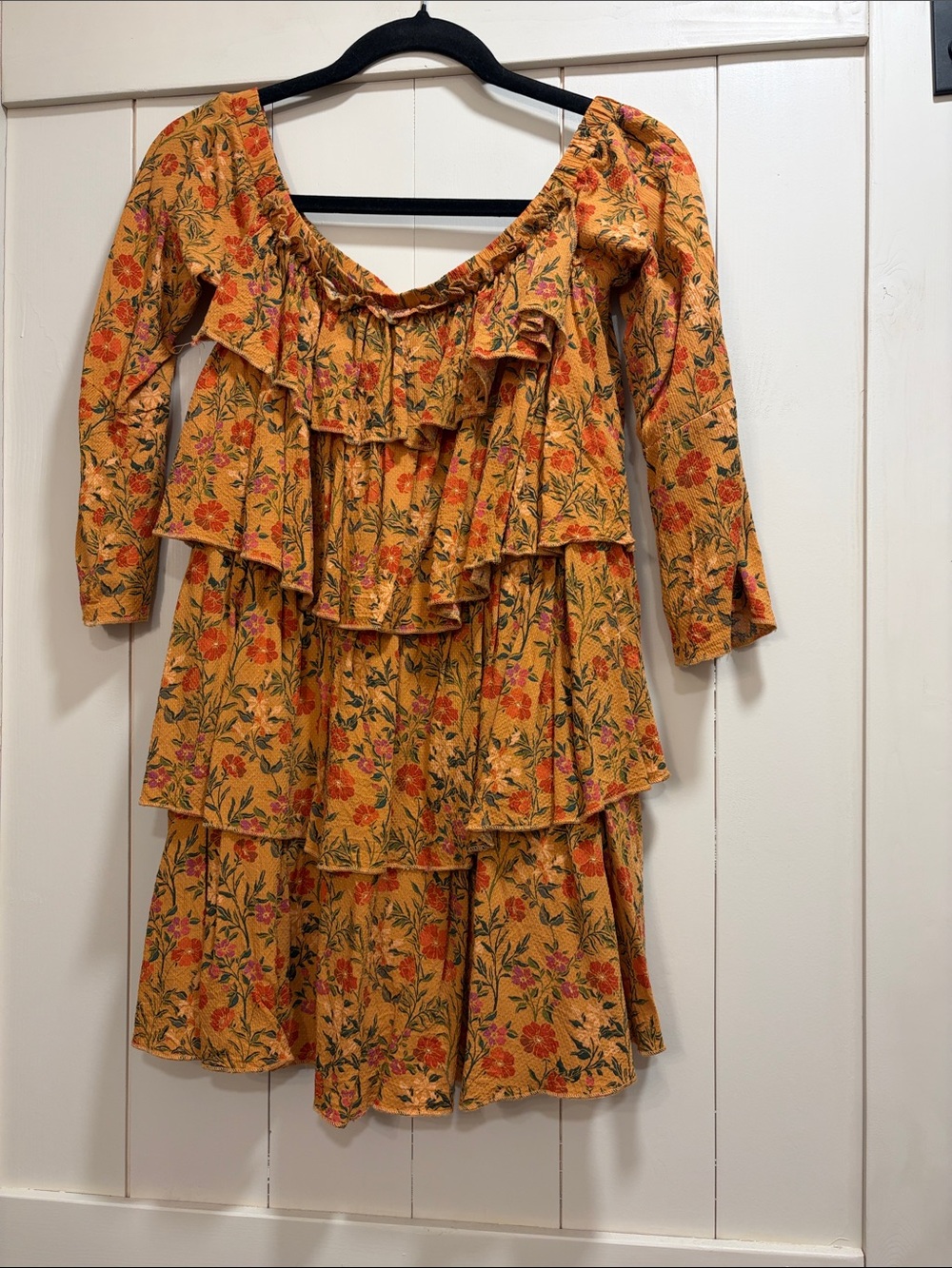 Olivaceous Mustard Yellow Floral Tiered Ruffle tunic
